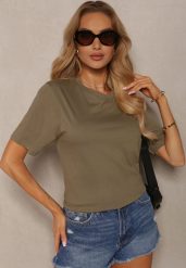 Zielona Koszulka z Bawełny bez Zdobień Danlekia. Zielone bluzki damskie Renee, l, z aplikacjami, z bawełny, klasyczne, bez kołnierzyka. Za 24.99 zł.
