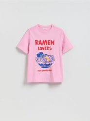 Bawełniany t-shirt z nadrukiem - różowy. Czerwone t-shirty damskie Reserved, l, bez wzorów, z bawełny, bez kołnierzyka. Za 49.99 zł.