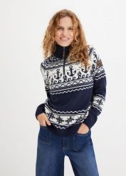 Sweter w norweskim stylu z marynarskimi motywami. Niebieskie swetry damskie bonprix, bez wzorów, bez kołnierzyka, bez ramiączek, bez kaptura. Za 109.99 zł.