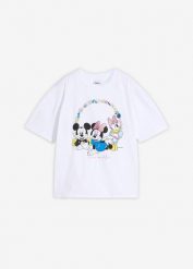 T-shirt oversize z nadrukiem Myszki Miki, z czystej bawełny. Białe t-shirty i topy dla dziewczynek bonprix, bez wzorów, z bawełny, bez ramiączek. Za 62.99 zł.
