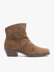 Ciemnobeżowe marszczone botki kowbojki. Brązowe botki damskie Ryłko, na jesień, ze skóry, eleganckie, bez obcasa, na słupku, bez zapięcia. Za 529.99 zł.