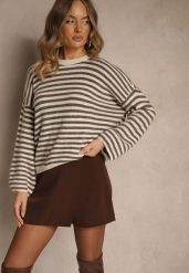 Jasnobeżowy Oversizowy Sweter w Paski z Domieszką Wełny i Wiskozy Tidania. Brązowe swetry damskie Renee, bez wzorów, z dzianiny, casualowe, bez kołnierzyka, bez ramiączek, bez kaptura. Za 139.99 zł.