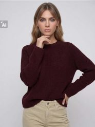 Sweter z domieszką wełny - bordowy. Czerwone swetry damskie Sinsay, l, bez wzorów, z wełny, bez kołnierzyka, bez ramiączek, bez kaptura. Za 49.99 zł.