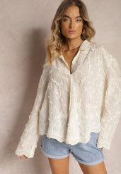 Beżowa Koszula z Dodatkiem Bawełny o Trapezowym Kroju Ozdobiona Haftem Elidra. Brązowe bluzki damskie Renee, bez wzorów, z bawełny, eleganckie, bez kołnierzyka, bez ramiączek. Za 199.99 zł.