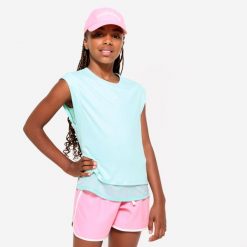 Koszulka sportowa dla dzieci Domyos 2 w 1. Niebieskie bluzki dla dziewczynek Decathlon, bez wzorów, z materiału, bez kołnierzyka, bez ramiączek. W wyprzedaży za 34.99 zł.