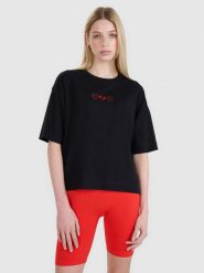 4F T-shirt oversize z nadrukiem damski - czarny L. Czarne koszulki sportowe damskie 4f, l, bez wzorów, z bawełny, bez kołnierzyka, bez ramiączek. W wyprzedaży za 29.99 zł.