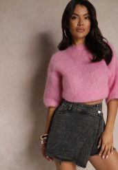 Czarne Bawełniane Jeansowe Spódnico-Spodenki High Waist o Asymetrycznym Kroju Alwiwi. Czarne spodenki dla dziewczynek Renee, bez wzorów, z bawełny, eleganckie, z podwyższonym stanem. Za 89.99 zł.