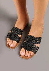 Czarne Klapki z Plecioną Cholewką Liswia. Czarne klapki damskie Renee, bez wzorów, boho, bez obcasa, na obcasie. Za 49.99 zł.