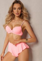 Jasnoróżowe Bikini Usztywniany Biustonosz z Cyrkoniami i Spodenki Kąpielowe Wykończone Gumką w Pasie Rilamia. Czerwone bikini damskie Renee, na lato, s, z aplikacjami. Za 44.99 zł.