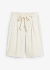 Bermudy lniane. Brązowe spodnie materiałowe damskie bonprix, bez wzorów. Za 124.99 zł.
