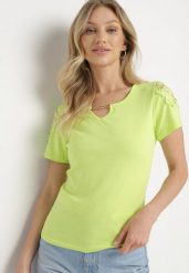 Zielony Bawełniany T-shirt z Łańcuszkiem i Koronką Liraveira. Zielone bluzki damskie Born2be, m, z aplikacjami, z bawełny, eleganckie, bez kołnierzyka. Za 39.99 zł.