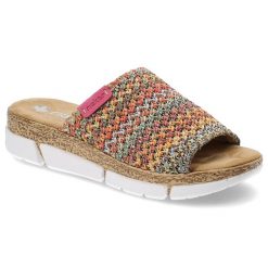 Kolorowe Klapki Rieker Modne Obuwie Damskie. Białe klapki damskie Rieker, bez wzorów, z tkaniny, eleganckie, bez obcasa, na koturnie. Za 289.00 zł.