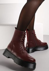 Bordowe Botki w Stylu Workerów na Platformie Maialen. Czerwone botki damskie Renee, z jeansu, eleganckie, bez obcasa, na platformie, bez zapięcia. Za 119.99 zł.