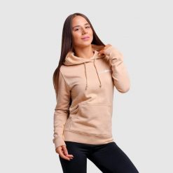 Bluza damska fitness z kapturem piaskowa PRO. Białe bluzy damskie GYMBEAM, xl, bez wzorów, z bawełny, z kapturem, na fitness i siłownię. Za 88.90 zł.