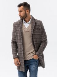 Jednorzędowy płaszcz męski w kratę - brązowy V1. Brązowe płaszcze męskie Ombre Clothing, m, bez wzorów, z poliesteru, bez kaptura. W wyprzedaży za 199.99 zł.