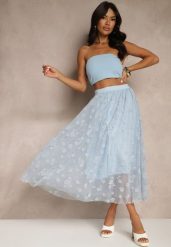 Jasnoniebieska Rozkloszowana Spódnica Tiulowa Zdobiona Welurowym Printem w Kwiaty Folisena. Niebieskie spódnice damskie Renee, l, z aplikacjami, z materiału, eleganckie, midi, oversize. Za 54.99 zł.