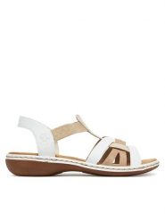 Rieker Sandały 65918-81 Biały. Białe sandały damskie Rieker, bez wzorów, z materiału, bez obcasa, na płaskiej podeszwie, bez zapięcia. Za 289.99 zł.