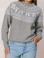 Świąteczny sweter z kokardkami z domieszką wełny - szary. Szare swetry damskie Sinsay, l, bez wzorów, z wełny, wizytowe, bez kołnierzyka, bez ramiączek, bez kaptura. Za 59.99 zł.