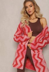 Czerwony Luźny Kardigan Niezapinany w Geometryczny Print Sheshy. Czerwone kardigany damskie Renee, bez wzorów, z dzianiny, eleganckie, bez kołnierzyka, bez ramiączek, bez kaptura. Za 119.99 zł.