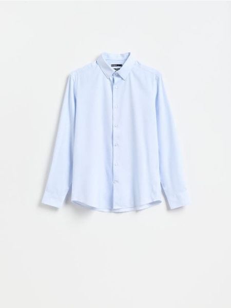 Koszula slim z drobnym printem - jasnoniebieski. Niebieskie koszule męskie Reserved, l, bez wzorów, z tkaniny, bez kołnierzyka, bez ramiączek. Za 129.99 zł.