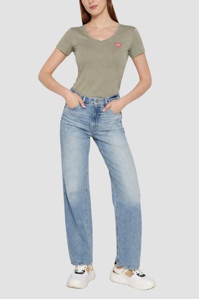 GUESS Zielony damski t-shirt Mini Triangle, Rozmiar M. Zielone t-shirty damskie Guess, m, z aplikacjami, bez kołnierzyka. W wyprzedaży za 99.99 zł.