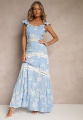 Niebieska Rozkloszowana Sukienka z Wiskozy z Haftami Lumirieve. Niebieskie sukienki damskie Renee, na co dzień, na lato, m, bez wzorów, z wiskozy, eleganckie, bez kołnierzyka, bez ramiączek, maxi, rozkloszowane. Za 99.99 zł.