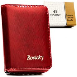 Mały portfel damski ze skóry naturalnej w czerwonym kolorze, wyposażony w system RFID - Rovicky. Czerwone portfele damskie ROVICKY, bez wzorów, ze skóry. Za 59.99 zł.