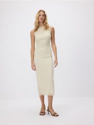 Sukienka maxi z drapowaniem - jasnożółty. Żółte sukienki damskie Reserved, l, bez wzorów, z dzianiny, bez kołnierzyka, bez ramiączek, maxi, dopasowane. W wyprzedaży za 69.99 zł.