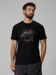 4F T-shirt regular z nadrukiem męski - czarny S. Czarne koszulki sportowe męskie 4f, m, bez wzorów, z materiału, bez kołnierzyka, bez ramiączek, na fitness i siłownię. W wyprzedaży za 49.99 zł.