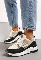 Beżowo-Czarne Sznurowane Sneakersy na Niskim Koturnie Xanthema. Brązowe obuwie sportowe damskie Born2be, bez wzorów, z denimu. Za 74.99 zł.