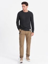 Spodnie męskie z kieszeniami cargo i ściągaczem na dole nogawki - ciepło-brązowe V2 OM-PACG-0189 - XXL. Brązowe spodnie materiałowe męskie Ombre Clothing, l, bez wzorów, z bawełny. W wyprzedaży za 79.99 zł.