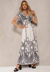 Jasnobeżowa Sukienka w Ornamentalny Wzór z Gumką w Talii i Kopertowym Dekoltem Lamera. Brązowe sukienki dla dziewczynek Renee, na lato, bez wzorów, boho, bez ramiączek, krótkie. Za 44.99 zł.