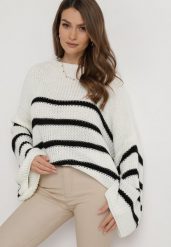 Biały Dzianinowy Sweter z Długimi Szerokimi Rękawami w Pasy Samsoni. Białe swetry damskie Born2be, bez wzorów, z dzianiny, bez kołnierzyka, bez ramiączek, długie, bez kaptura. Za 84.99 zł.
