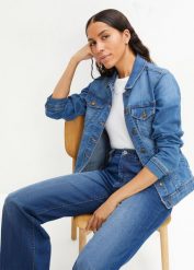 Kurtka jeansowa ze stretchem, basic. Niebieskie kurtki damskie bonprix, bez wzorów, z jeansu, bez kaptura. Za 154.99 zł.