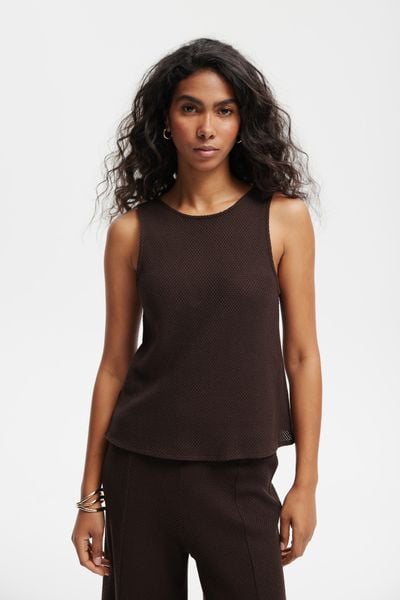 TOP SUMMER CZEKOLADOWY M - Flawless. Brązowe t-shirty damskie Flawless, m, w ażurowe wzory, z dzianiny, eleganckie, bez kołnierzyka. Za 207.90 zł.