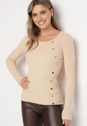 Jasnobeżowy Sweter Ozdobiony Metalowymi Napami Corettina. Brązowe swetry damskie Born2be, m, z aplikacjami, z jeansu, wizytowe, bez kołnierzyka, bez ramiączek, bez kaptura. Za 89.99 zł.