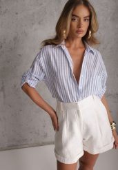 Jasnoniebieska Koszula Oversize z Bawełny w Paski z Podwijanymi Rękawami Mesevis. Niebieskie bluzki damskie Renee, m, bez wzorów, z bawełny, eleganckie, bez kołnierzyka, bez ramiączek. Za 79.99 zł.