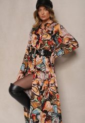 Granatowo-Pomarańczowa Wiskozowa Sukienka Koszulowa w Kwiaty z Guzikami przy Rękawach Enayira. Niebieskie sukienki damskie Renee, na co dzień, l, bez wzorów, z wiskozy, eleganckie, bez kołnierzyka, bez ramiączek, maxi, koszulowe. Za 99.99 zł.