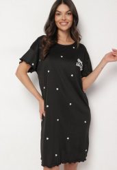Czarna Koszula Nocna z Bawełną w Kropki z Napisem Firasine. Czarne koszule nocne damskie Born2be, l, bez wzorów, z bawełny. Za 39.99 zł.