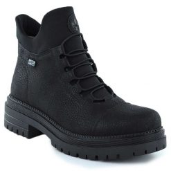 Skórzane botki damskie traperki na gumki czarne Rieker Y3163-00. Czarne botki damskie Rieker, ze skóry, bez obcasa, bez zapięcia. Za 389.00 zł.