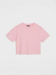 Bawełniana bluzka z haftem - różowy. Czerwone bluzki damskie Sinsay, l, bez wzorów, z bawełny, bez kołnierzyka, bez ramiączek. Za 25.99 zł.