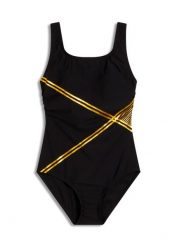 Kostium kąpielowy o lekkim stopniu modelowania sylwetki, ze złotymi detalami. Zielone kostiumy jednoczęściowe damskie bonprix, bez wzorów, eleganckie. Za 37.99 zł.