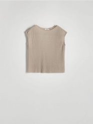 T-shirt kimono z plisowanej dzianiny - beżowy. Brązowe t-shirty damskie Reserved, l, bez wzorów, z dzianiny, bez kołnierzyka. W wyprzedaży za 39.99 zł.