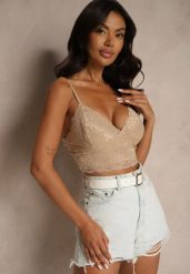 Beżowy Dopasowany Top z Koronki na Ramiączkach Pasirelia. Brązowe bluzki damskie Renee, l, bez wzorów, z jeansu, eleganckie, bez kołnierzyka, bez ramiączek. Za 49.99 zł.