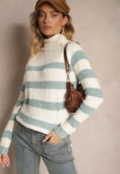 Zielono-Kremowy Golf z Wiskozą w Paski Zericea. Zielone swetry damskie Renee, na zimę, bez wzorów, z jeansu, eleganckie, bez kołnierzyka, bez ramiączek, bez kaptura. Za 59.99 zł.