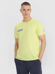 4F T-shirt regular z nadrukiem męski - zielony XXL. Zielone koszulki sportowe męskie 4f, m, bez wzorów, z bawełny, eleganckie, bez kołnierzyka. Za 49.99 zł.