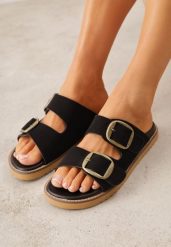 Czarne Klapki VICES z Dwoma Paskami i Metalicznymi Klamrami Kaliniassi. Czarne klapki damskie Born2be, z aplikacjami, z materiału, bez obcasa, na płaskiej podeszwie. Za 99.99 zł.