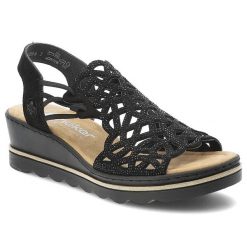 Czarne Sandały Rieker Eleganckie Obuwie Damskie. Czarne klapki damskie Rieker, bez wzorów, z materiału, bez obcasa, na koturnie, bez zapięcia. Za 349.00 zł.