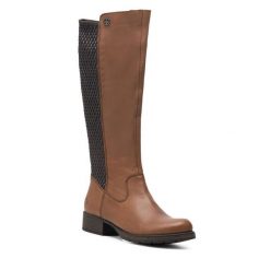 Kozaki Rieker. Brązowe kozaki damskie Rieker, bez obcasa, na słupku. Za 309.99 zł.