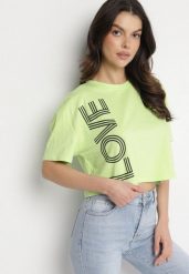 Zielony Krótki Bawełniany T-shirt z Napisem Sannirra. Zielone bluzki damskie Born2be, m, bez wzorów, z bawełny, klasyczne, bez kołnierzyka. Za 34.99 zł.